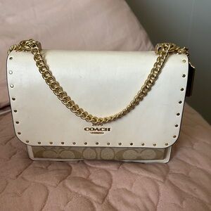 Coach Cream and Tan Crossbody Bag with Gold Chain Strap